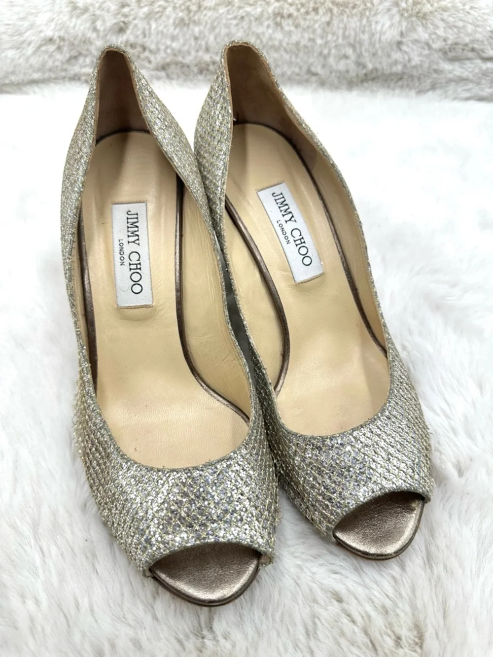 Jimmy Choo Isabel Champagne Glitter Peep Toe Pumps 40.5 US 10.5 Gold Heels